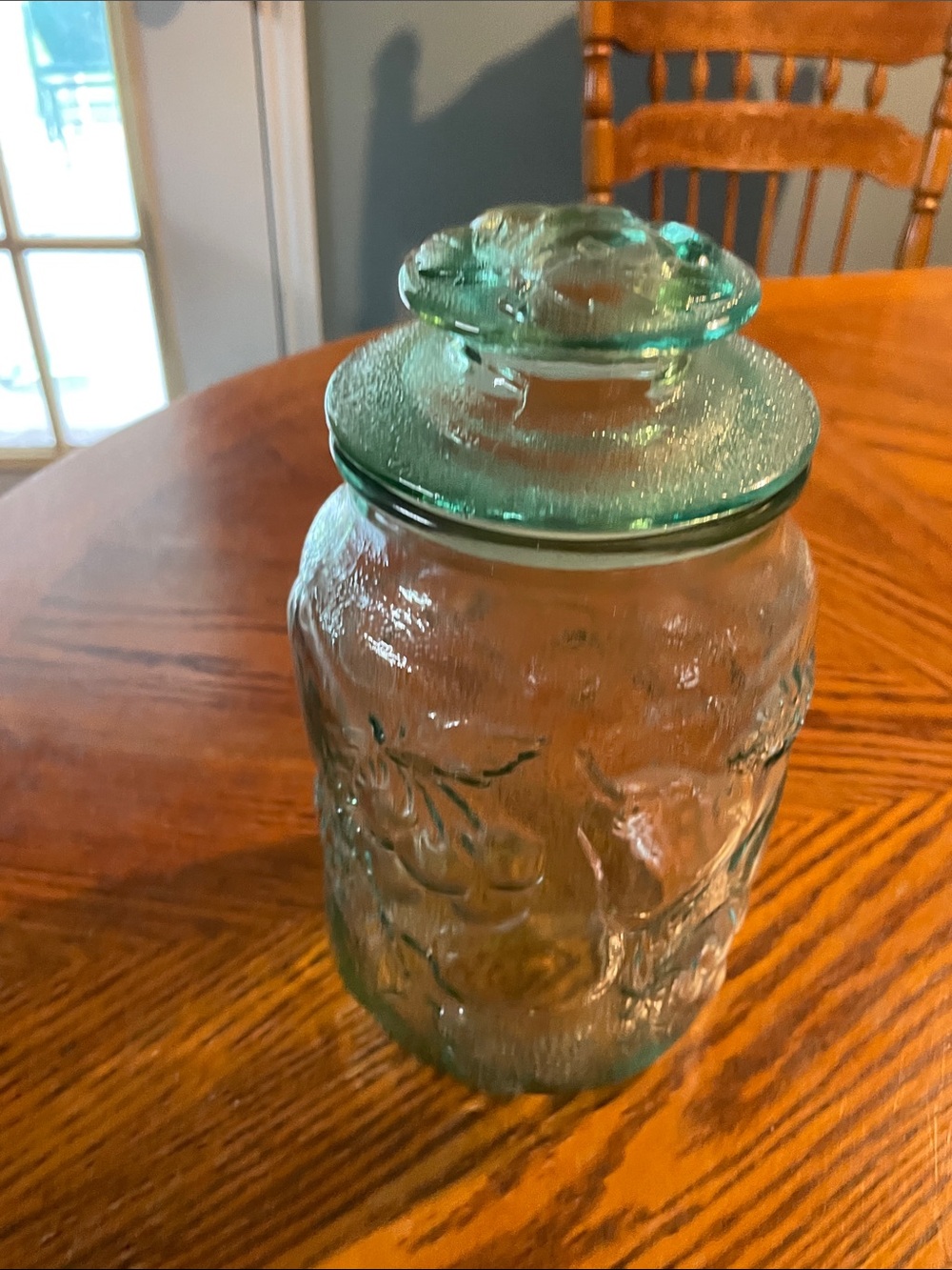 Vintage Libbey Green Glass Orchard Fruit Pattern Embossed  jar